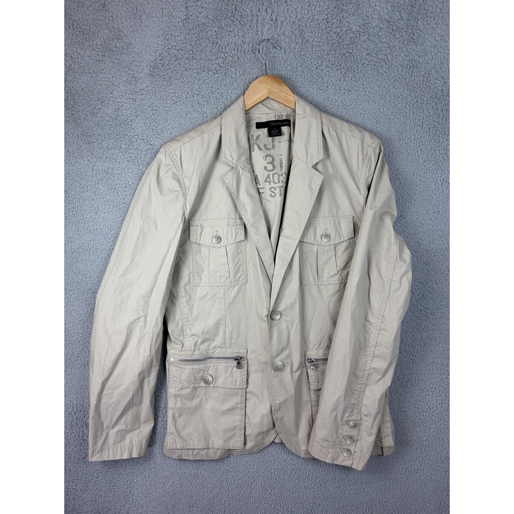 Calvin Klein Jeans Blazer Mens Large Beige Cotton Utility Travel Casual Jacket